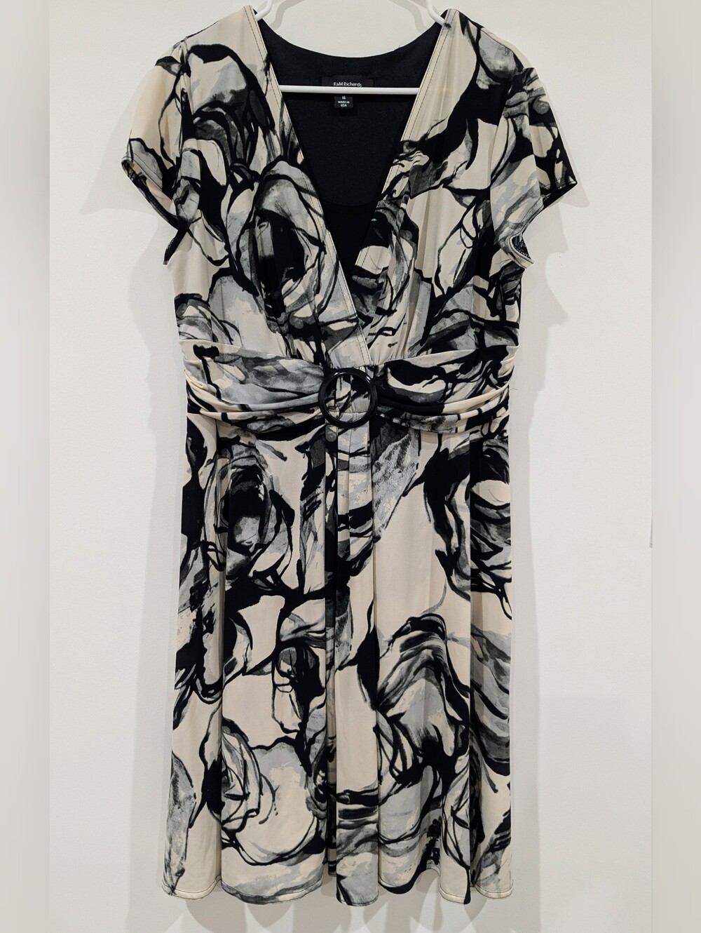 R&M Richards Black and Cream Abstract Floral Faux-Wrap Dress with Ring Detail